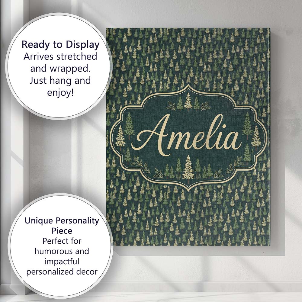 Personalised Name Small Pine Tree Forest Custom Unique Gift Idea Elegant Feature Canvas Wall Art Print Decor Picture Ready to Hang