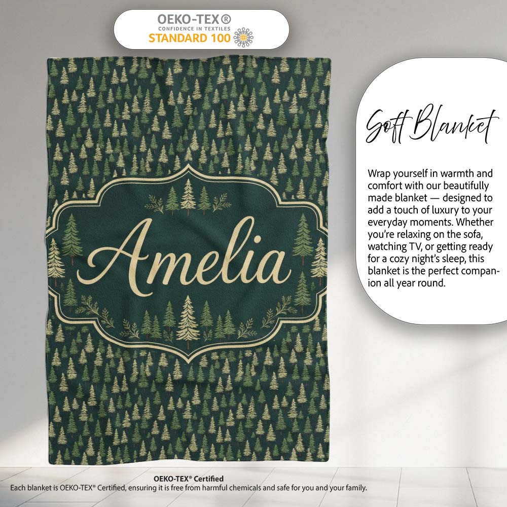 Small Pine Tree Forest Scatter Seamless Pattern Dark Green Woodland Personalised Custom Name Super Soft Fleece Blanket Bed Sofa Throw