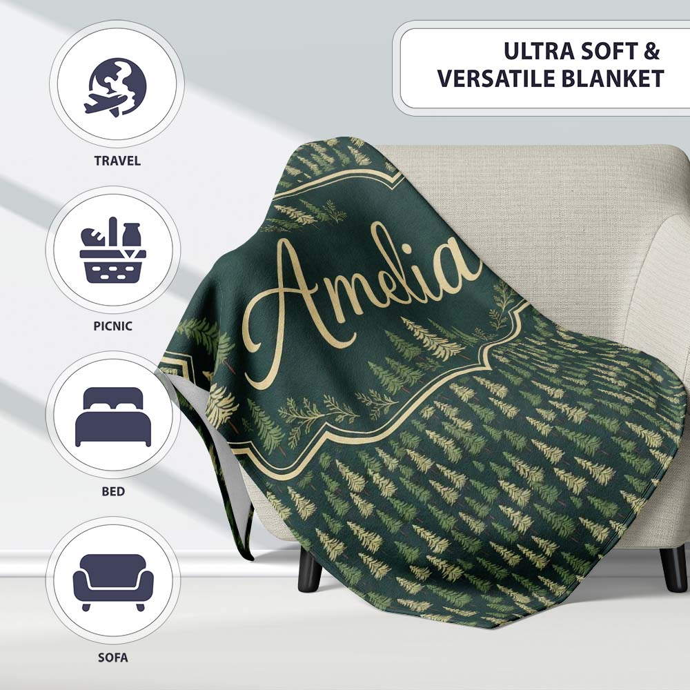 Small Pine Tree Forest Scatter Seamless Pattern Dark Green Woodland Personalised Custom Name Super Soft Fleece Blanket Bed Sofa Throw