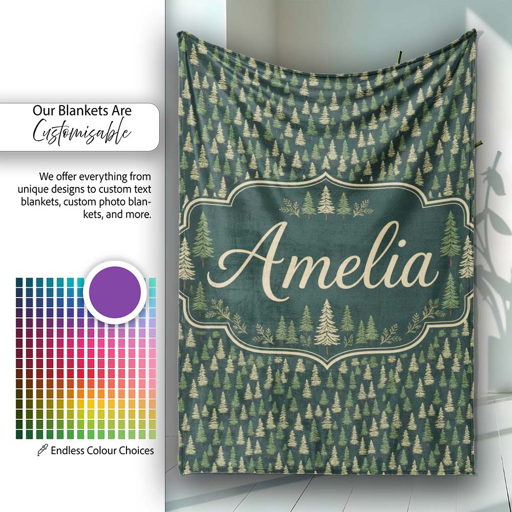Small Pine Tree Forest Scatter Seamless Pattern Dark Green Woodland Personalised Custom Name Super Soft Fleece Blanket Bed Sofa Throw