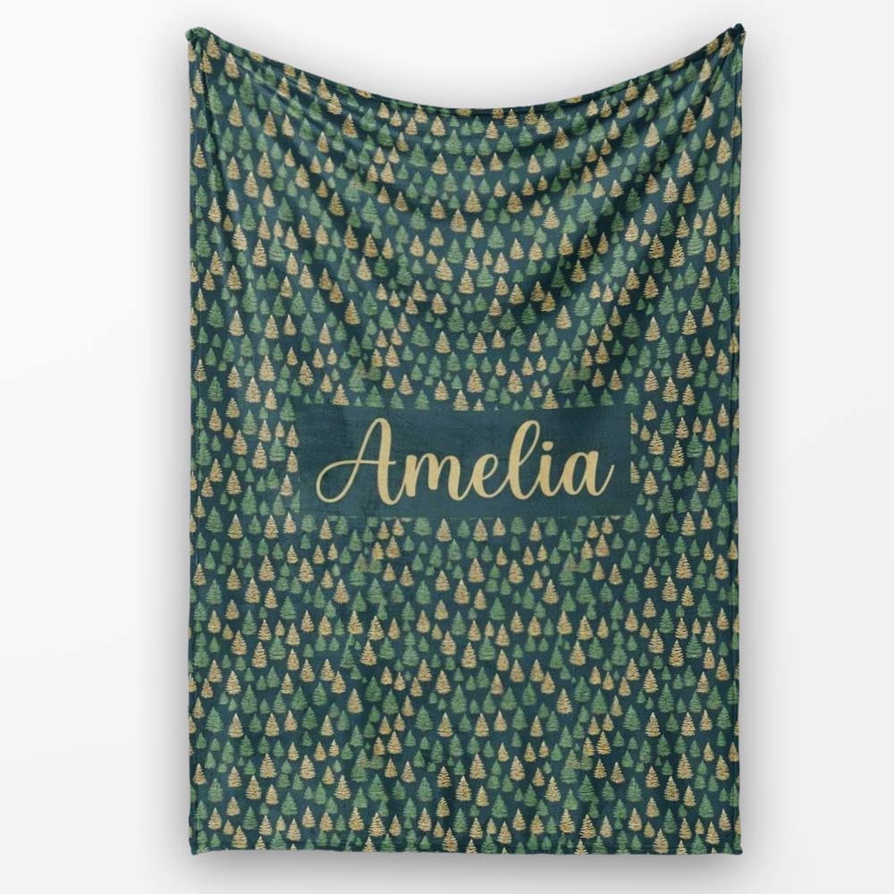 Mini Pine Trees Dense Scatter Seamless Pattern Dark Forest Texture Personalised Custom Name Super Soft Fleece Blanket Bed Sofa Throw