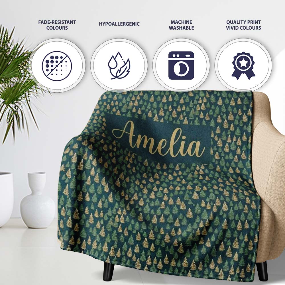 Mini Pine Trees Dense Scatter Seamless Pattern Dark Forest Texture Personalised Custom Name Super Soft Fleece Blanket Bed Sofa Throw