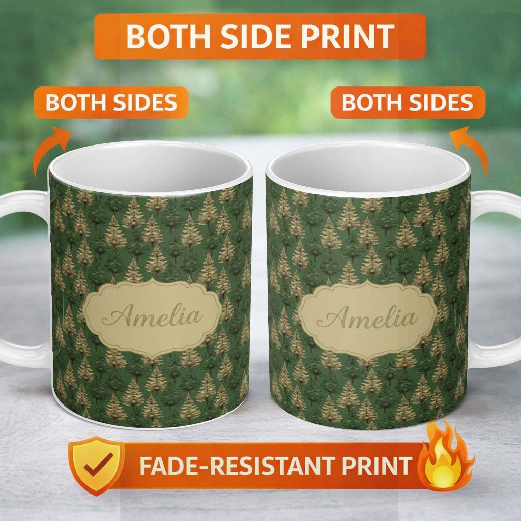 Personalized Custom Name Vintage Pine Tree Forest Repeat Seamless Pattern Classic Woodland 11oz Ceramic Coffee Tea Mug White Large Handle