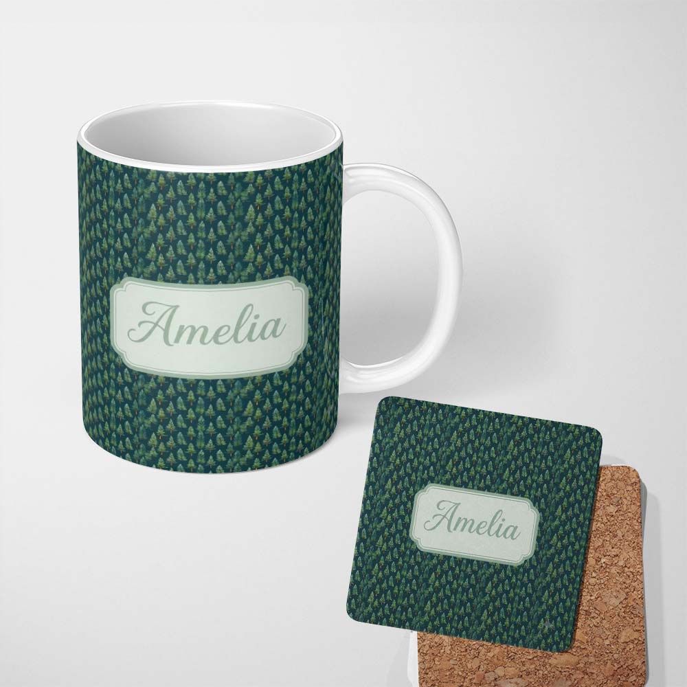 Personalized Custom Name Hand Drawn Pine Trees Seamless Pattern Green Woodland Repeat Name 11oz Ceramic Coffee Tea Mug White Large Handle