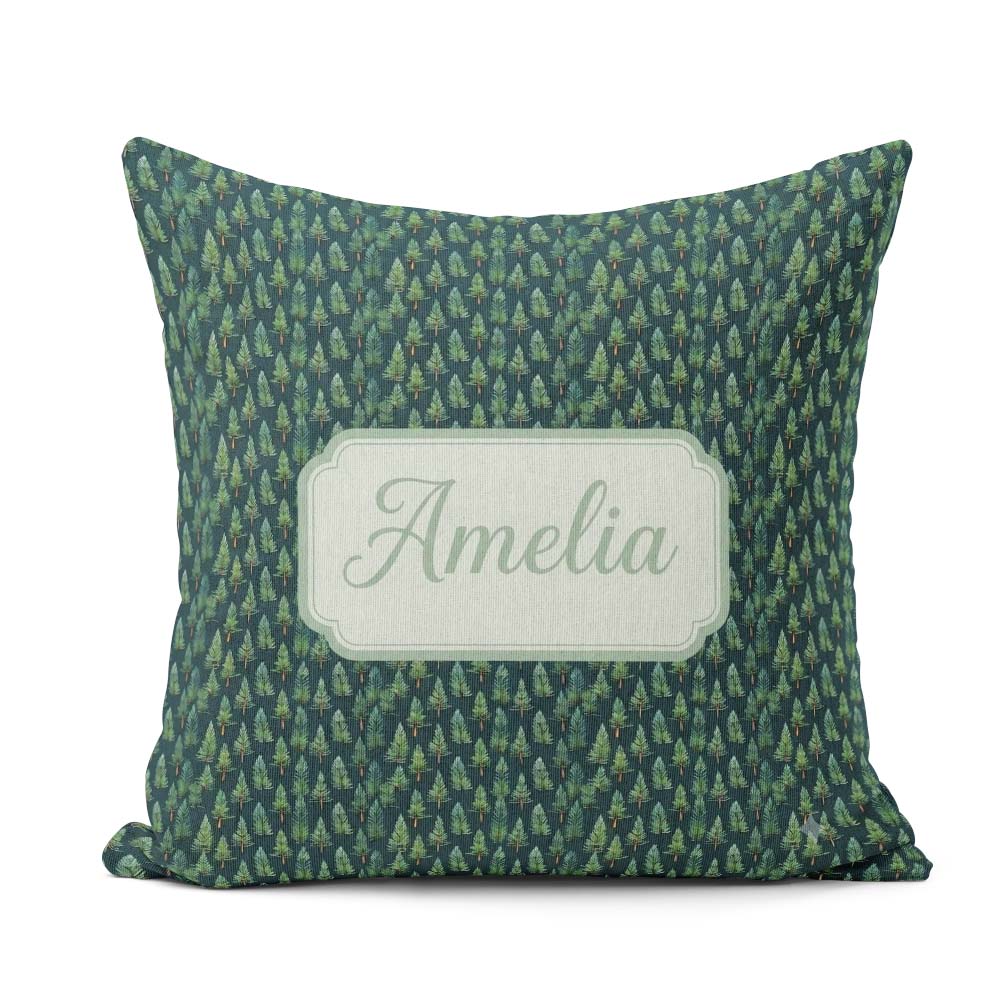 Custom Name Hand Drawn Pine Trees Seamless Green Woodland Repeat Square Filled Cushion Throw Pillow Sofa Bed Home Decor Zip Washable UK Made
