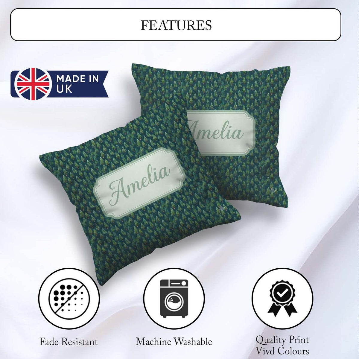 Custom Name Hand Drawn Pine Trees Seamless Green Woodland Repeat Square Filled Cushion Throw Pillow Sofa Bed Home Decor Zip Washable UK Made