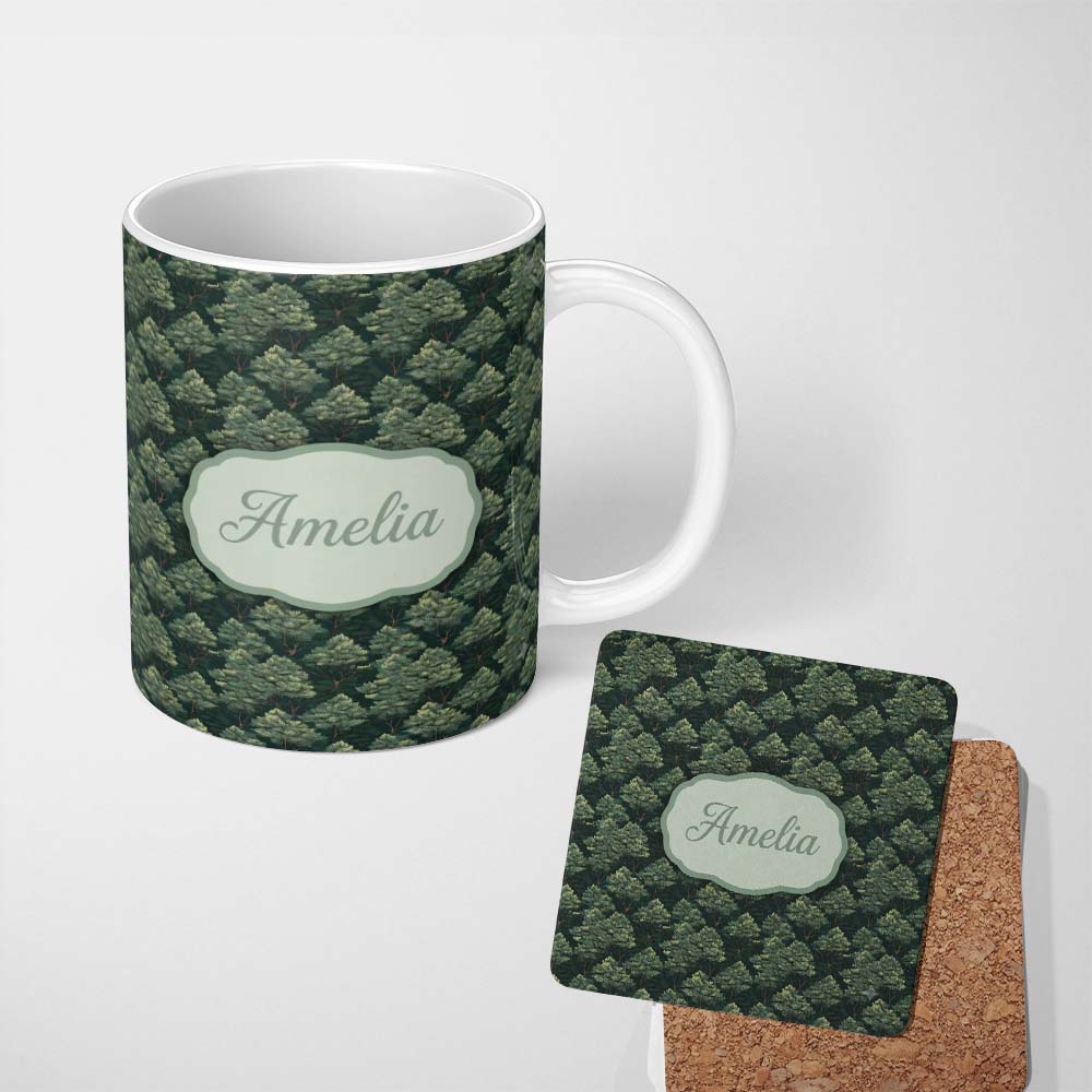 Personalized Custom Name Stylized Pine Tree Forest Seamless Pattern Artistic Nature Name Cute 11oz Ceramic Coffee Tea Mug White Large Handle