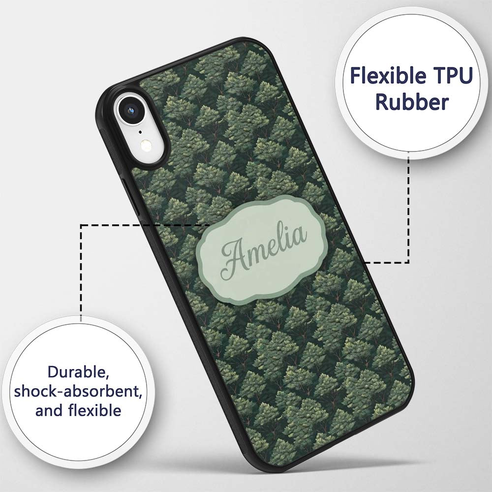 Stylized Pine Tree Forest Seamless Printed Design Custom Name Protective Phone Case Mobile Cover Durable Everyday Smartphone Shock Resistant