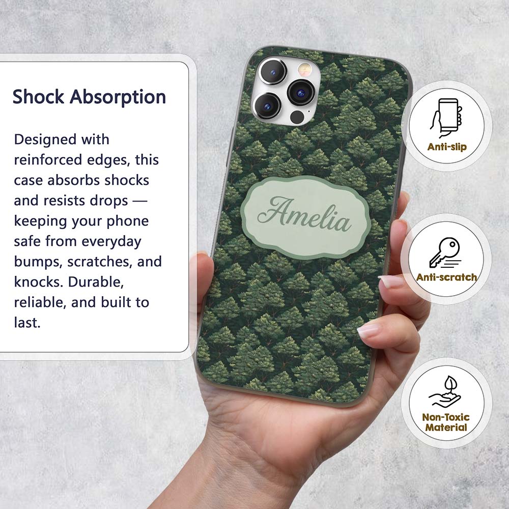 Stylized Pine Tree Forest Seamless Printed Design Custom Name Protective Phone Case Mobile Cover Durable Everyday Smartphone Shock Resistant