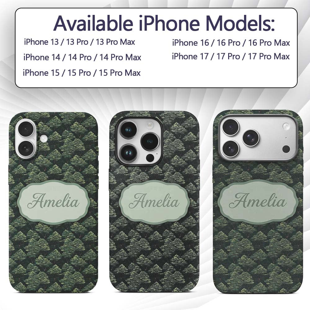 Stylized Pine Tree Forest Seamless Printed Design Custom Name Protective Phone Case Mobile Cover Durable Everyday Smartphone Shock Resistant