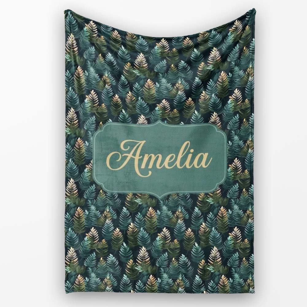 Decorative Pine Leaf Pattern Seamless Botanical Woodland Name Cute Personalised Custom Name Super Soft Fleece Blanket Bed Sofa Throw