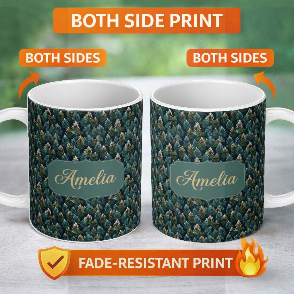 Personalized Custom Name Decorative Pine Leaf Pattern Seamless Botanical Woodland Name Cute 11oz Ceramic Coffee Tea Mug White Large Handle