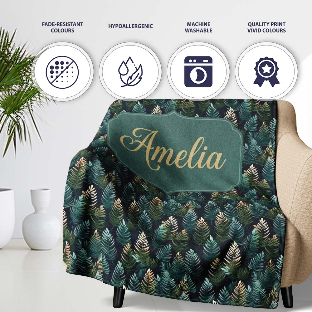 Decorative Pine Leaf Pattern Seamless Botanical Woodland Name Cute Personalised Custom Name Super Soft Fleece Blanket Bed Sofa Throw