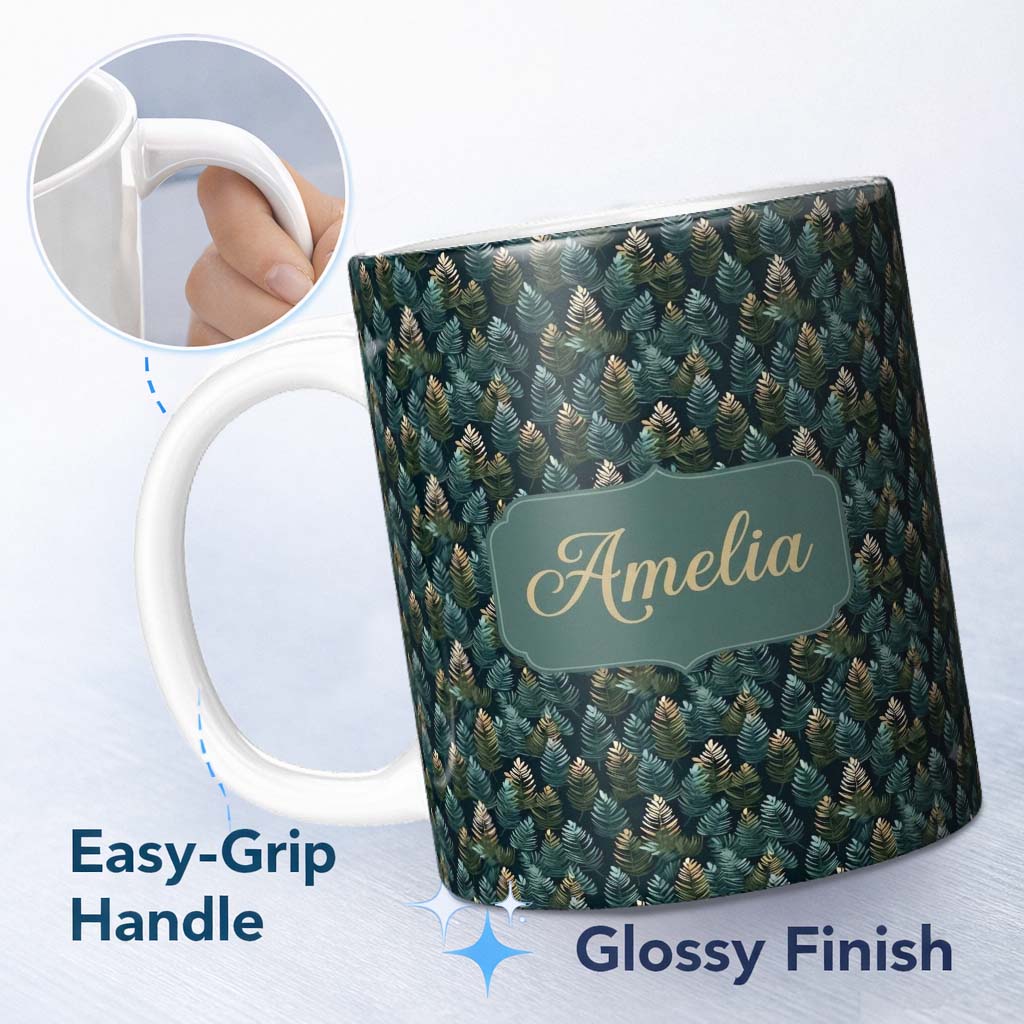 Personalized Custom Name Decorative Pine Leaf Pattern Seamless Botanical Woodland Name Cute 11oz Ceramic Coffee Tea Mug White Large Handle