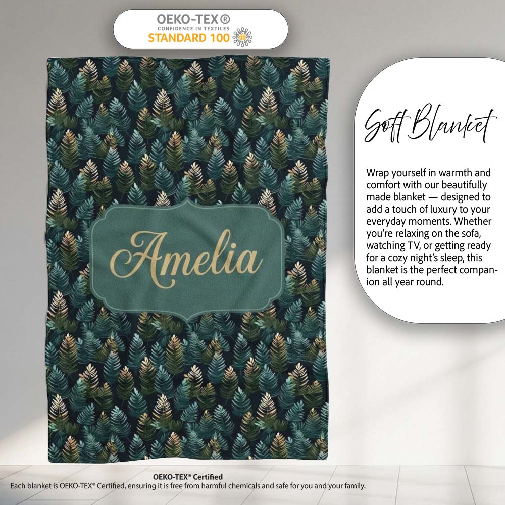 Decorative Pine Leaf Pattern Seamless Botanical Woodland Name Cute Personalised Custom Name Super Soft Fleece Blanket Bed Sofa Throw