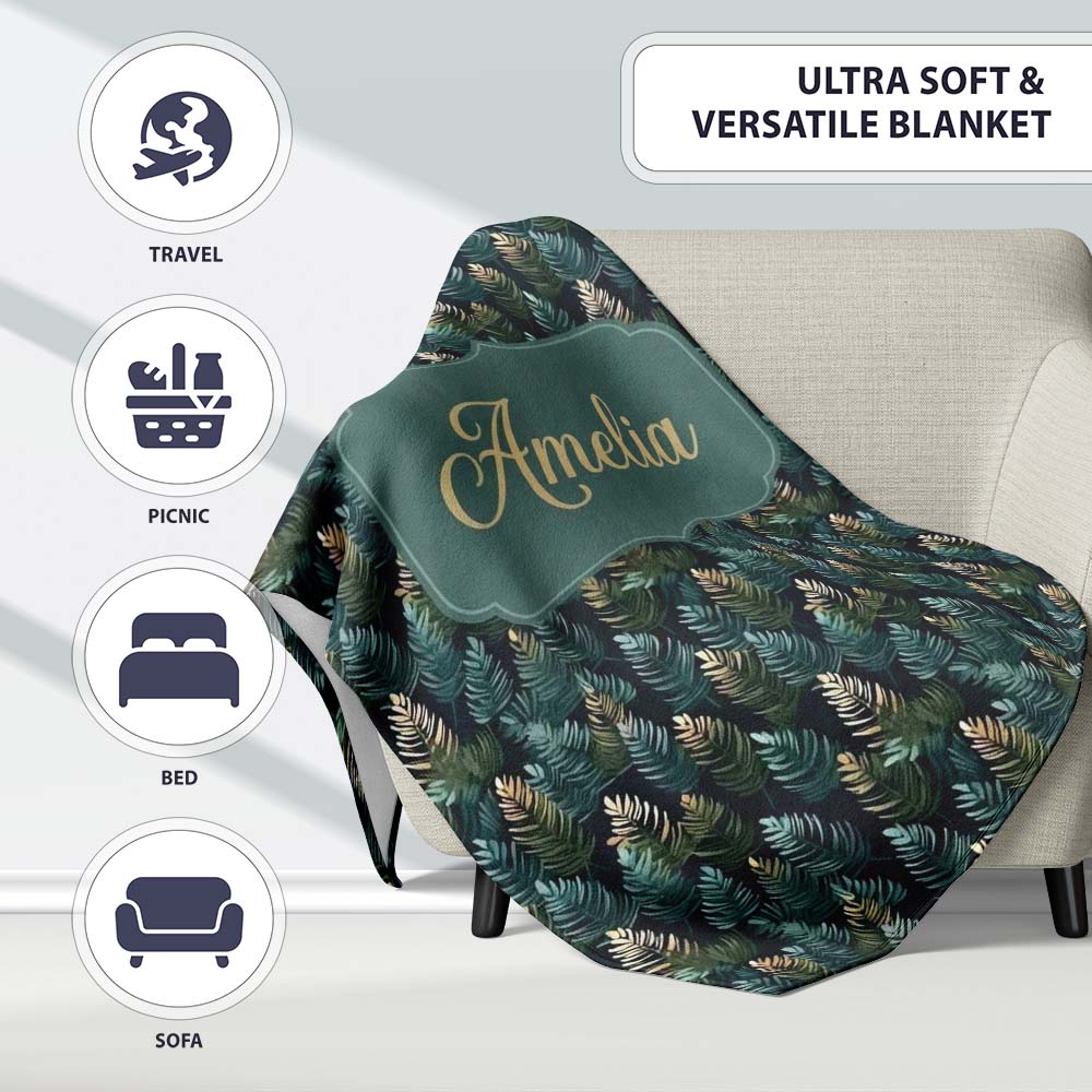 Decorative Pine Leaf Pattern Seamless Botanical Woodland Name Cute Personalised Custom Name Super Soft Fleece Blanket Bed Sofa Throw