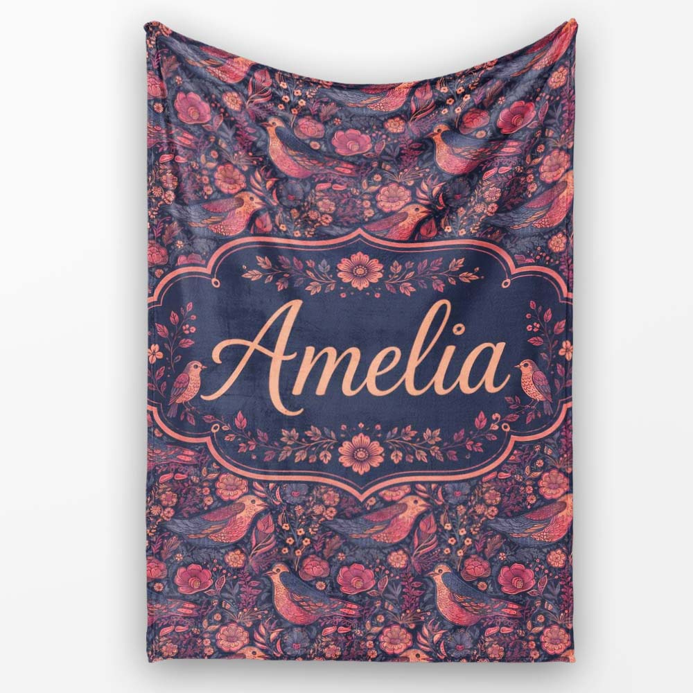 Vintage Floral Birds Seamless Pattern Dark Botanical Garden Name Personalised Custom Name Super Soft Fleece Blanket Bed Sofa Throw