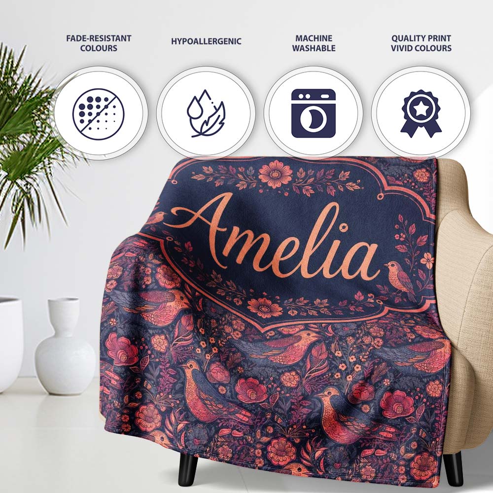 Vintage Floral Birds Seamless Pattern Dark Botanical Garden Name Personalised Custom Name Super Soft Fleece Blanket Bed Sofa Throw