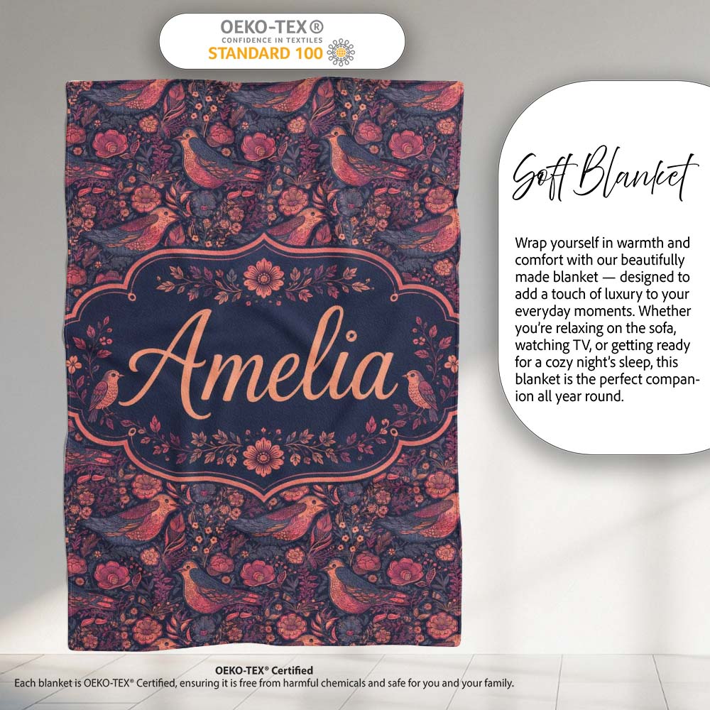 Vintage Floral Birds Seamless Pattern Dark Botanical Garden Name Personalised Custom Name Super Soft Fleece Blanket Bed Sofa Throw