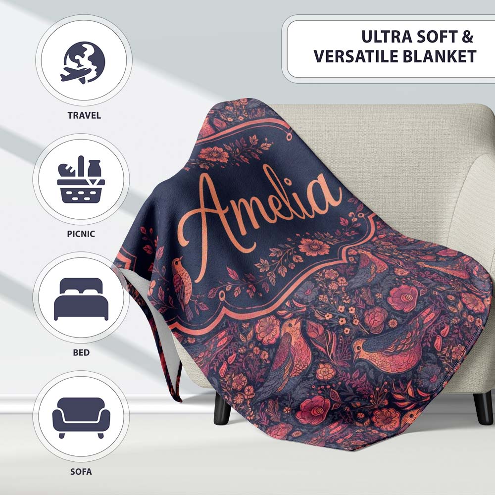Vintage Floral Birds Seamless Pattern Dark Botanical Garden Name Personalised Custom Name Super Soft Fleece Blanket Bed Sofa Throw