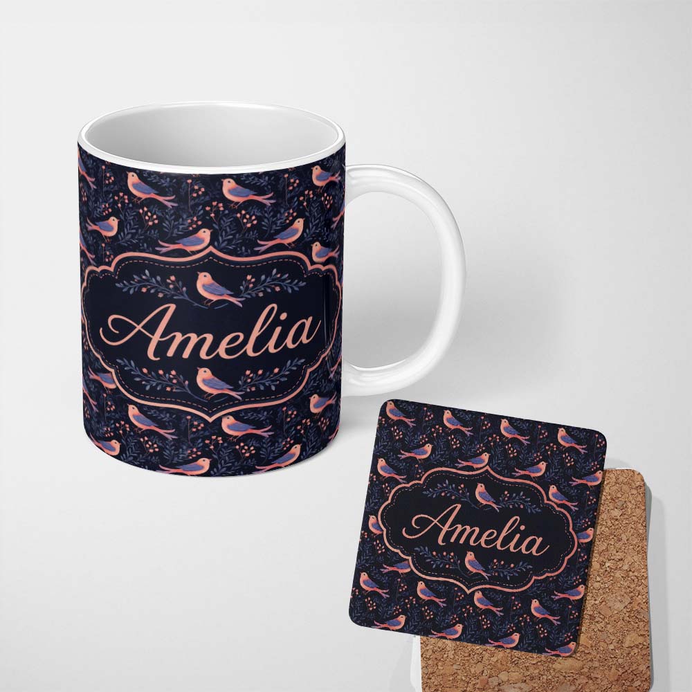 Personalized Custom Name Cute Pink Blue Birds with Leaves Seamless Pattern Night Garden 11oz Ceramic Coffee Tea Mug White Large Handle