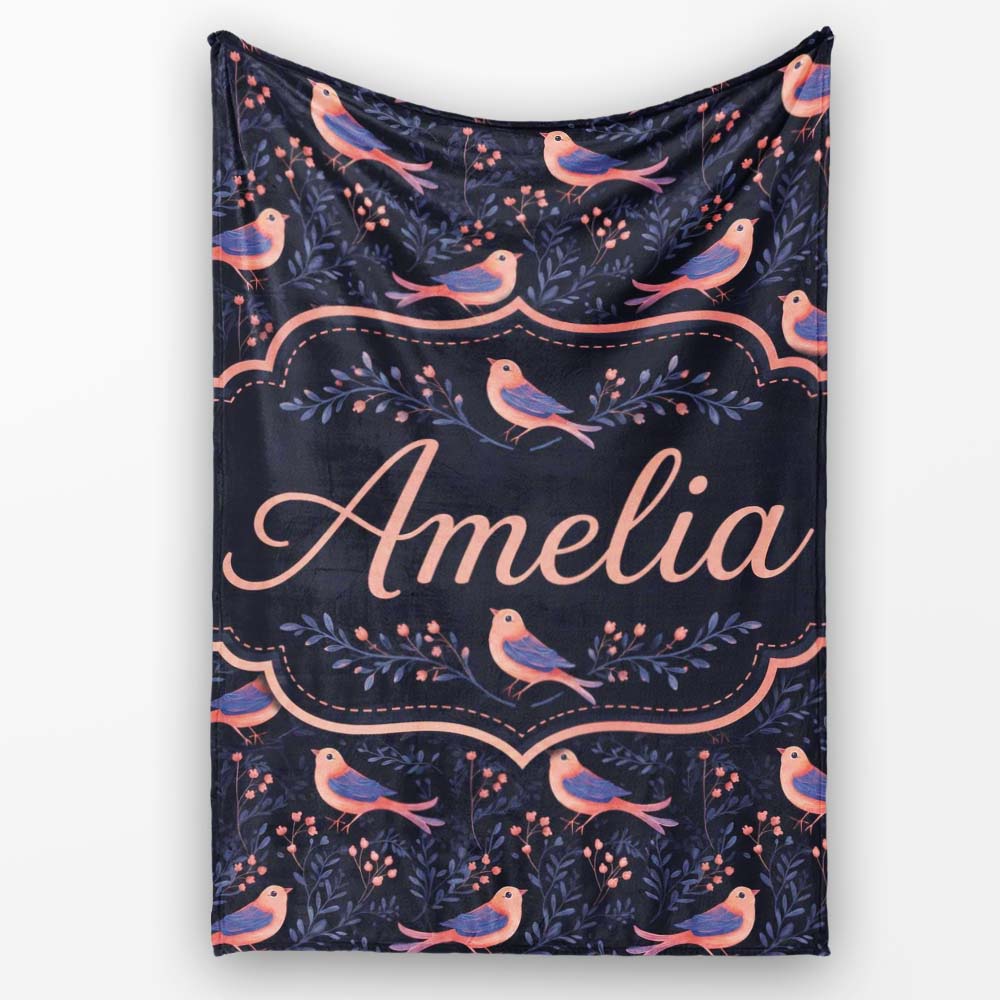 Cute Pink Blue Birds with Leaves Seamless Pattern Night Garden Personalised Custom Name Super Soft Fleece Blanket Bed Sofa Throw
