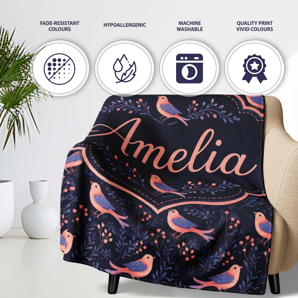 Cute Pink Blue Birds with Leaves Seamless Pattern Night Garden Personalised Custom Name Super Soft Fleece Blanket Bed Sofa Throw