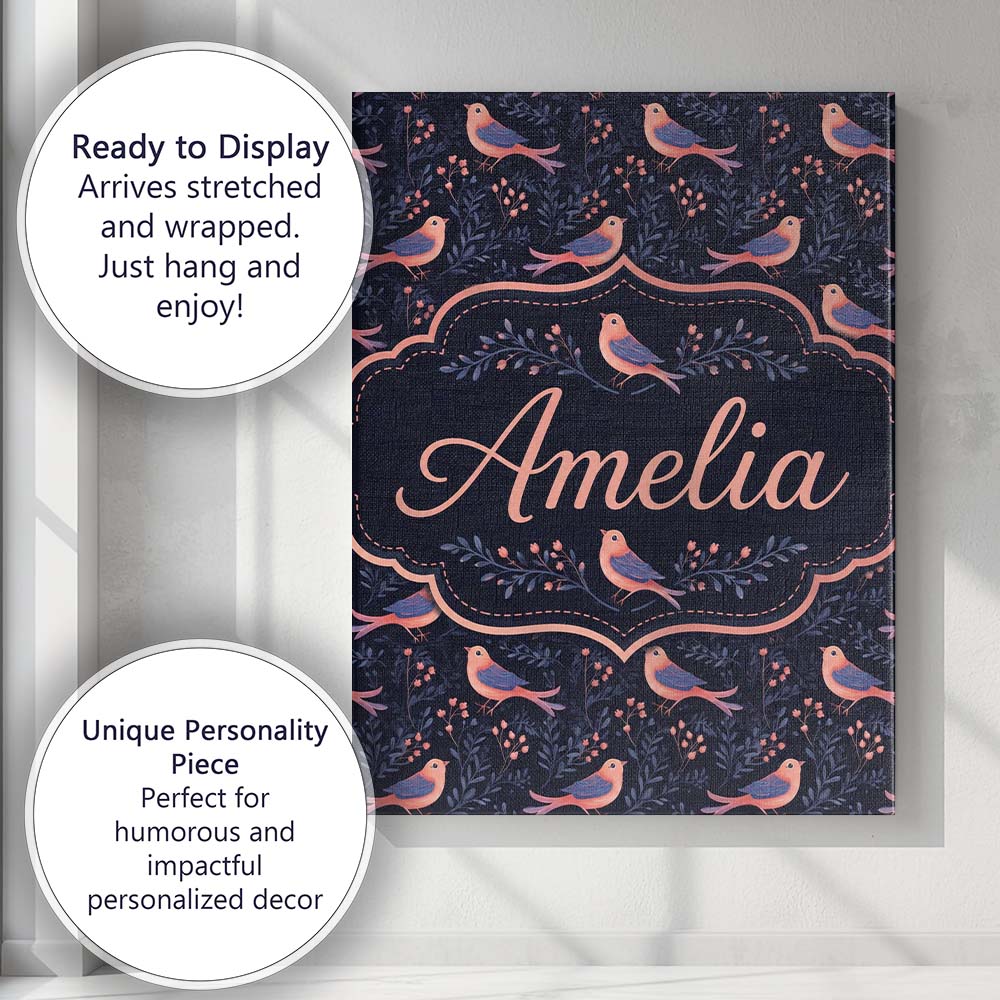 Personalised Name Cute Pink Blue Birds with Custom Bespoke Interior Contemporary Canvas Wall Art Print Decor Picture Ready to Hang