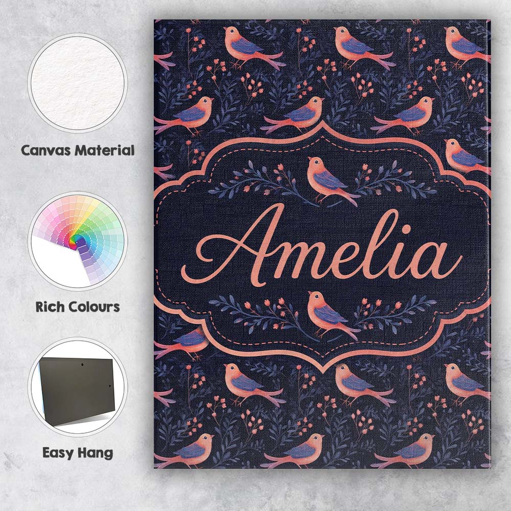 Personalised Name Cute Pink Blue Birds with Custom Bespoke Interior Contemporary Canvas Wall Art Print Decor Picture Ready to Hang