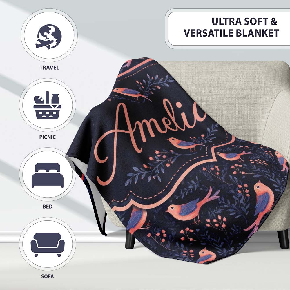 Cute Pink Blue Birds with Leaves Seamless Pattern Night Garden Personalised Custom Name Super Soft Fleece Blanket Bed Sofa Throw