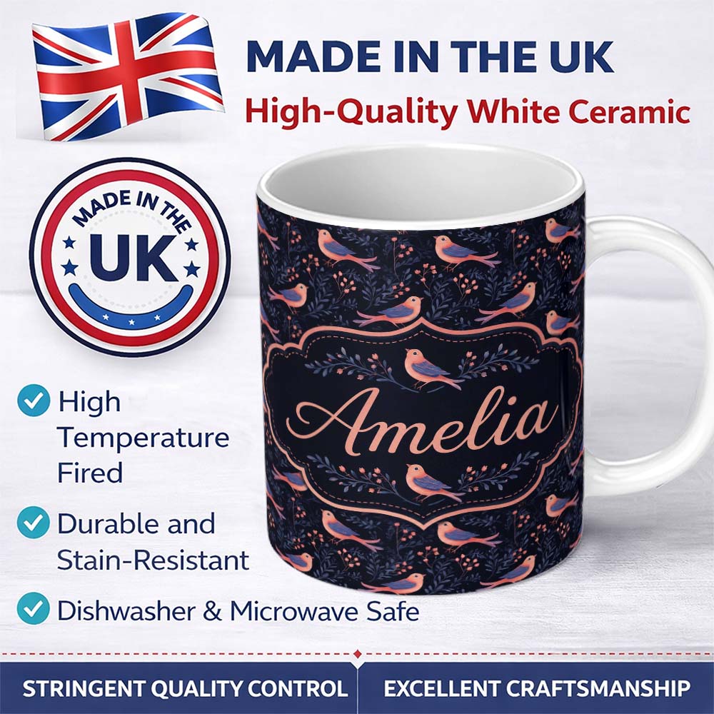 Personalized Custom Name Cute Pink Blue Birds with Leaves Seamless Pattern Night Garden 11oz Ceramic Coffee Tea Mug White Large Handle