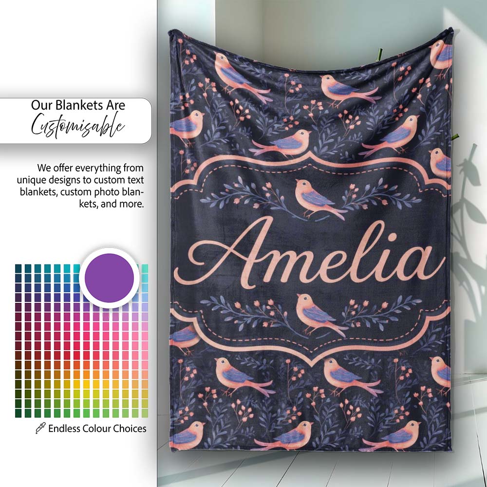 Cute Pink Blue Birds with Leaves Seamless Pattern Night Garden Personalised Custom Name Super Soft Fleece Blanket Bed Sofa Throw