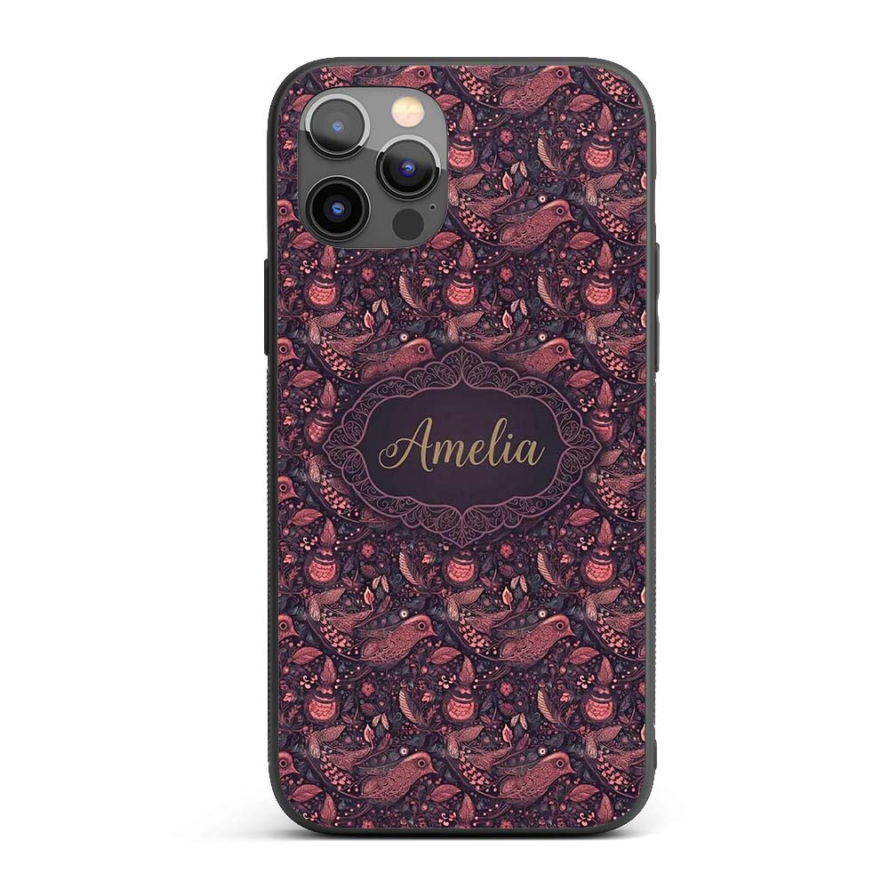 Ornate Folk Art Birds Floral Seamless Pattern Custom Name Protective Phone Case Mobile Cover Durable Everyday Smartphone Shock Resistant