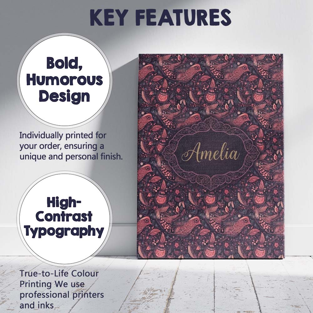 Personalised Name Ornate Folk Birds Custom Stylish Home Interior Elegant Feature Canvas Wall Art Print Decor Picture Ready to Hang