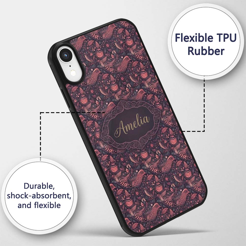Ornate Folk Art Birds Floral Seamless Pattern Custom Name Protective Phone Case Mobile Cover Durable Everyday Smartphone Shock Resistant