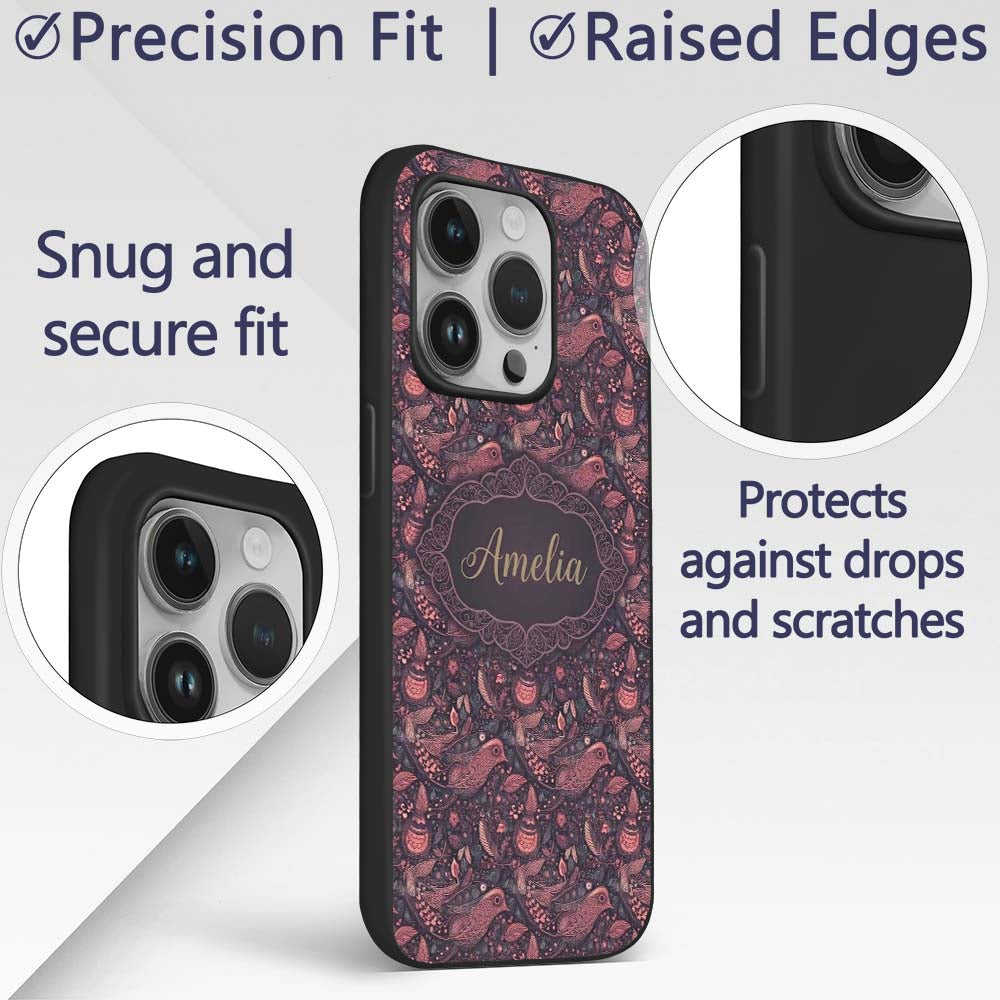 Ornate Folk Art Birds Floral Seamless Pattern Custom Name Protective Phone Case Mobile Cover Durable Everyday Smartphone Shock Resistant
