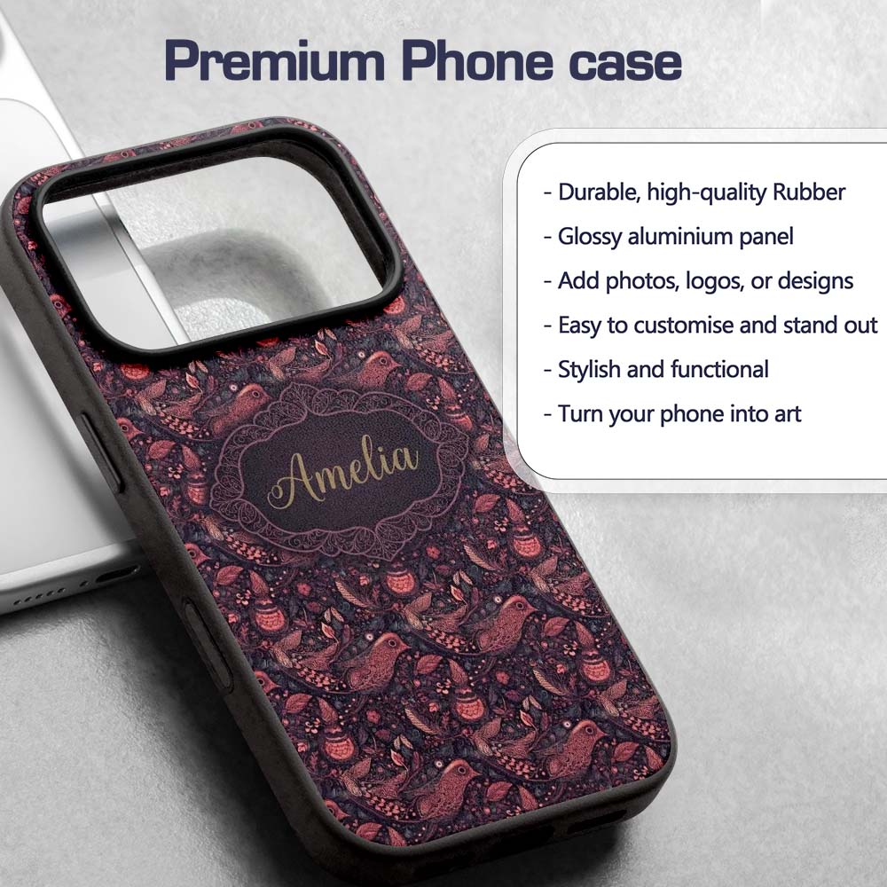 Ornate Folk Art Birds Floral Seamless Pattern Custom Name Protective Phone Case Mobile Cover Durable Everyday Smartphone Shock Resistant