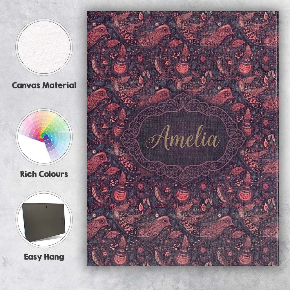 Personalised Name Ornate Folk Birds Custom Stylish Home Interior Elegant Feature Canvas Wall Art Print Decor Picture Ready to Hang