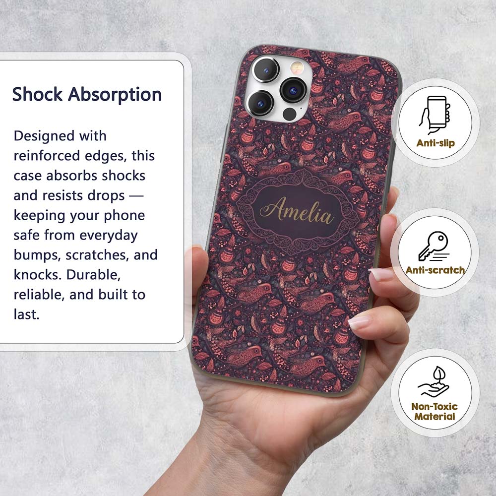 Ornate Folk Art Birds Floral Seamless Pattern Custom Name Protective Phone Case Mobile Cover Durable Everyday Smartphone Shock Resistant