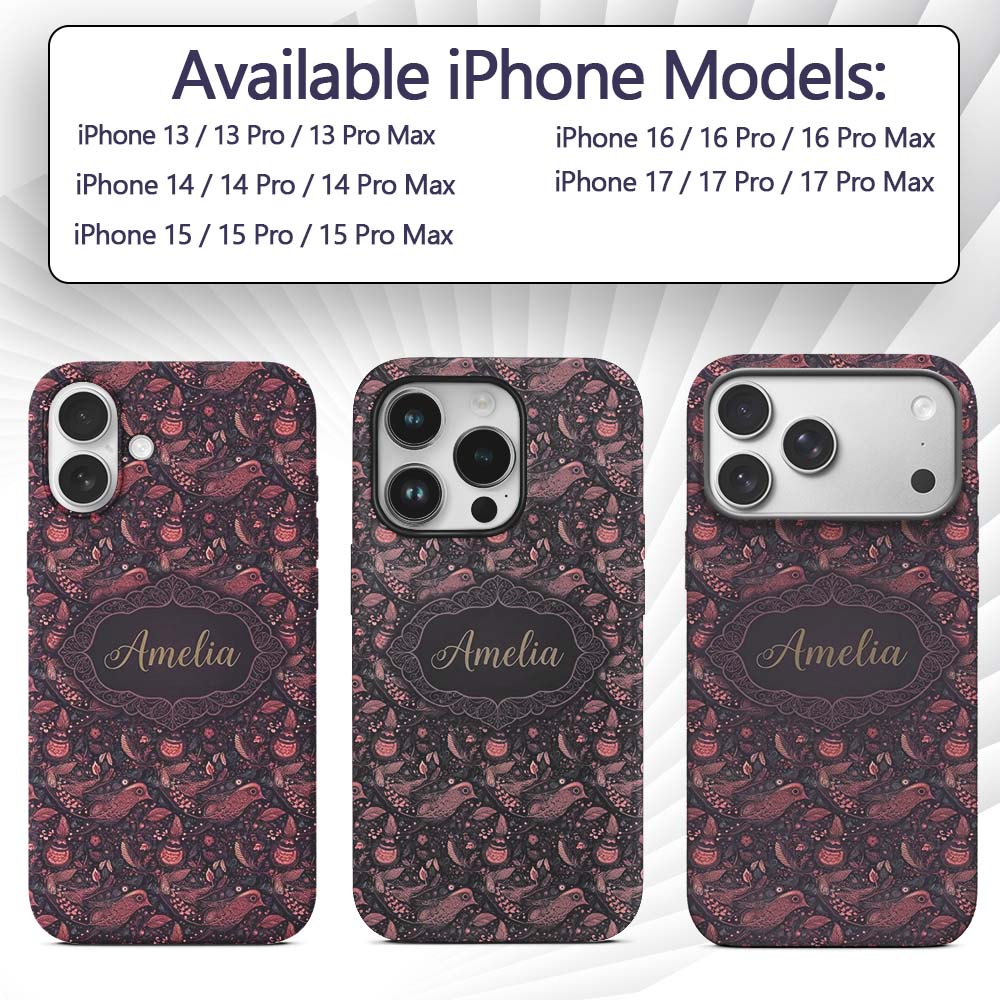 Ornate Folk Art Birds Floral Seamless Pattern Custom Name Protective Phone Case Mobile Cover Durable Everyday Smartphone Shock Resistant