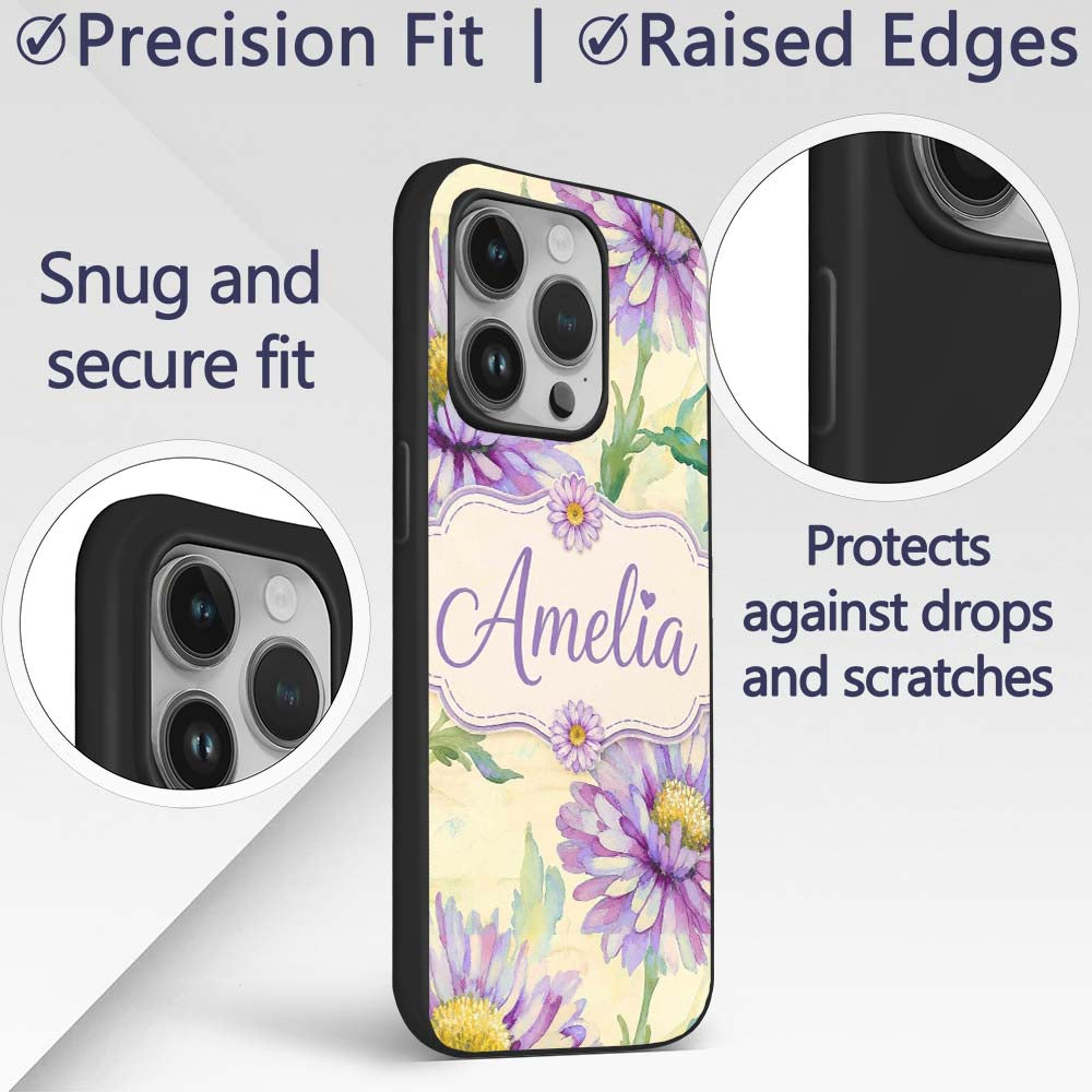 Watercolor Purple Daisy Floral Seamless Pattern Custom Name Protective Phone Case Mobile Cover Durable Everyday Smartphone Shock Resistant