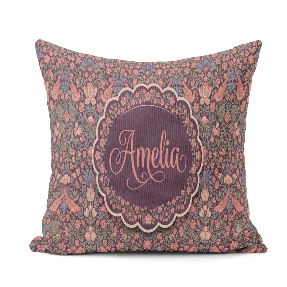 Custom Name Colorful Birds and Seamless Pattern Dark Meadow Name Square Filled Cushion Throw Pillow Sofa Bed Home Decor Zip Washable UK Made