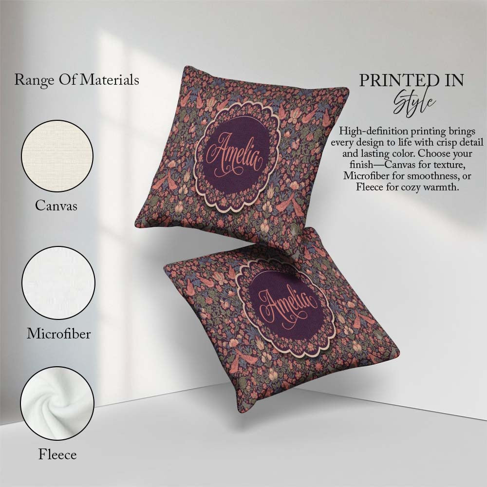 Custom Name Colorful Birds and Seamless Pattern Dark Meadow Name Square Filled Cushion Throw Pillow Sofa Bed Home Decor Zip Washable UK Made