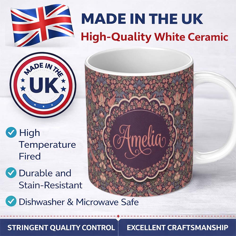Personalized Custom Name Colorful Birds and Wildflowers Seamless Pattern Dark Meadow Name 11oz Ceramic Coffee Tea Mug White Large Handle