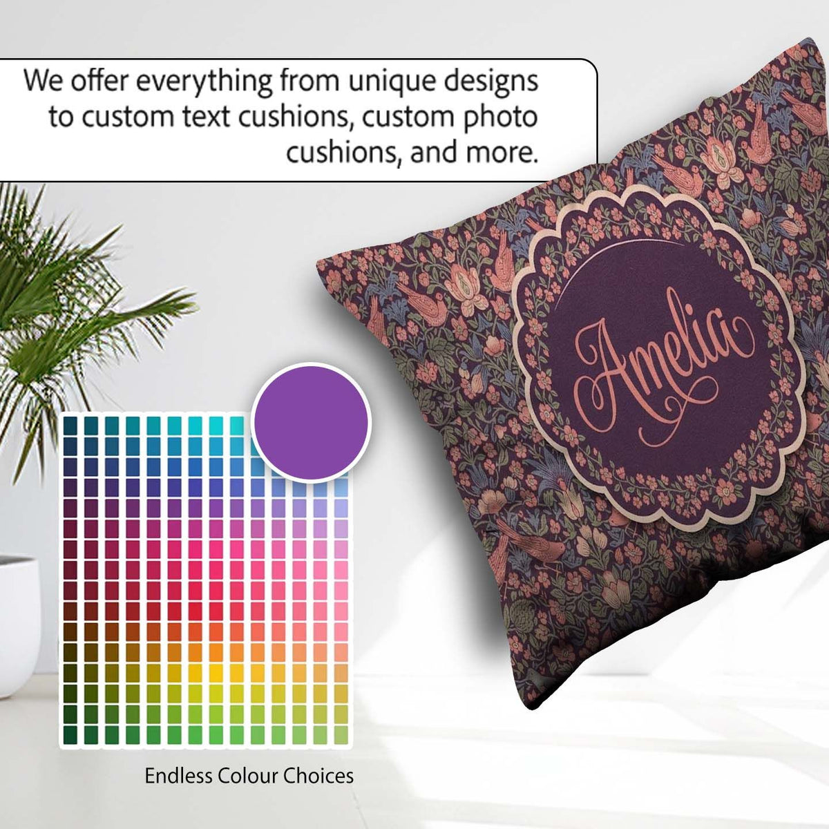 Custom Name Colorful Birds and Seamless Pattern Dark Meadow Name Square Filled Cushion Throw Pillow Sofa Bed Home Decor Zip Washable UK Made