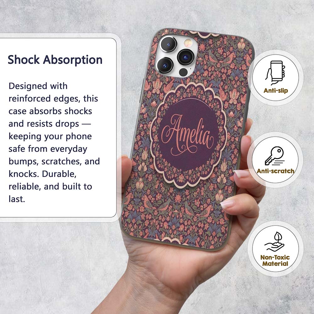 Colorful Birds and Wildflowers Seamless Pattern Custom Name Protective Phone Case Mobile Cover Durable Everyday Smartphone Shock Resistant