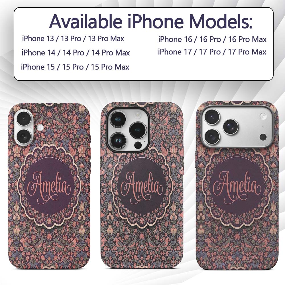 Colorful Birds and Wildflowers Seamless Pattern Custom Name Protective Phone Case Mobile Cover Durable Everyday Smartphone Shock Resistant