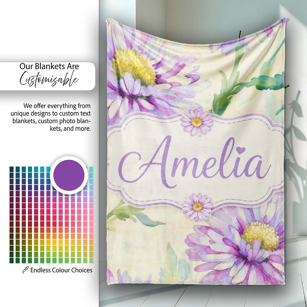 Watercolor Purple Daisy Floral Seamless Pattern on Soft Cream Lovely Personalised Custom Name Super Soft Fleece Blanket Bed Sofa Throw