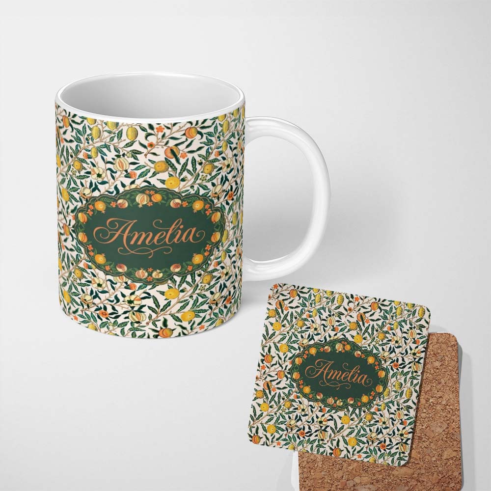 Personalized Custom Name Vintage Citrus Fruit Branches Seamless Pattern Botanical Garden 11oz Ceramic Coffee Tea Mug White Large Handle