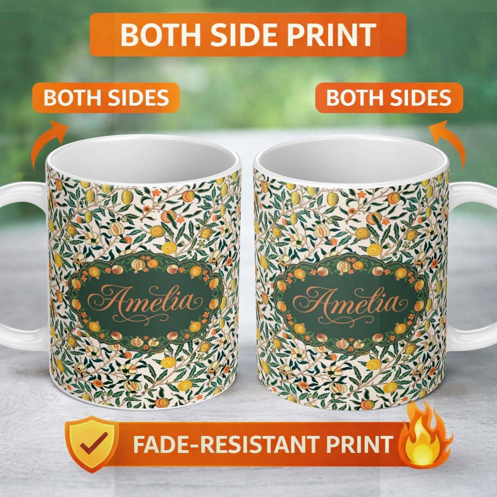 Personalized Custom Name Vintage Citrus Fruit Branches Seamless Pattern Botanical Garden 11oz Ceramic Coffee Tea Mug White Large Handle